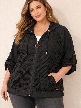DKNY Black Mesh Zip Hoodie Cover-Up size XL zipper